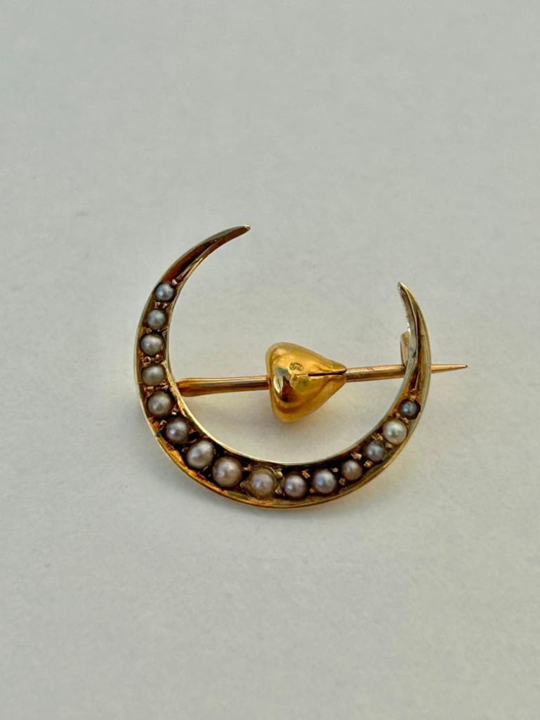 Antique 15ct Yellow Gold Pearl Crescent Moon Brooch - 3