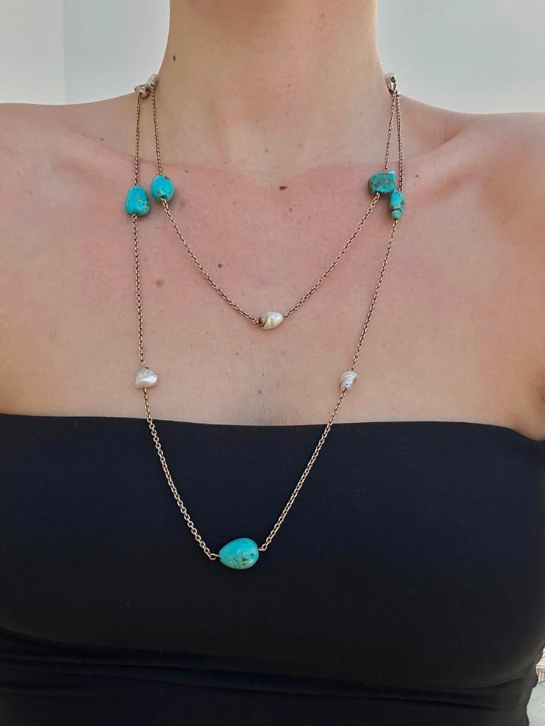Wonderful Gold Barque Pearl and Turquoise Longguard Chain Necklace - 2
