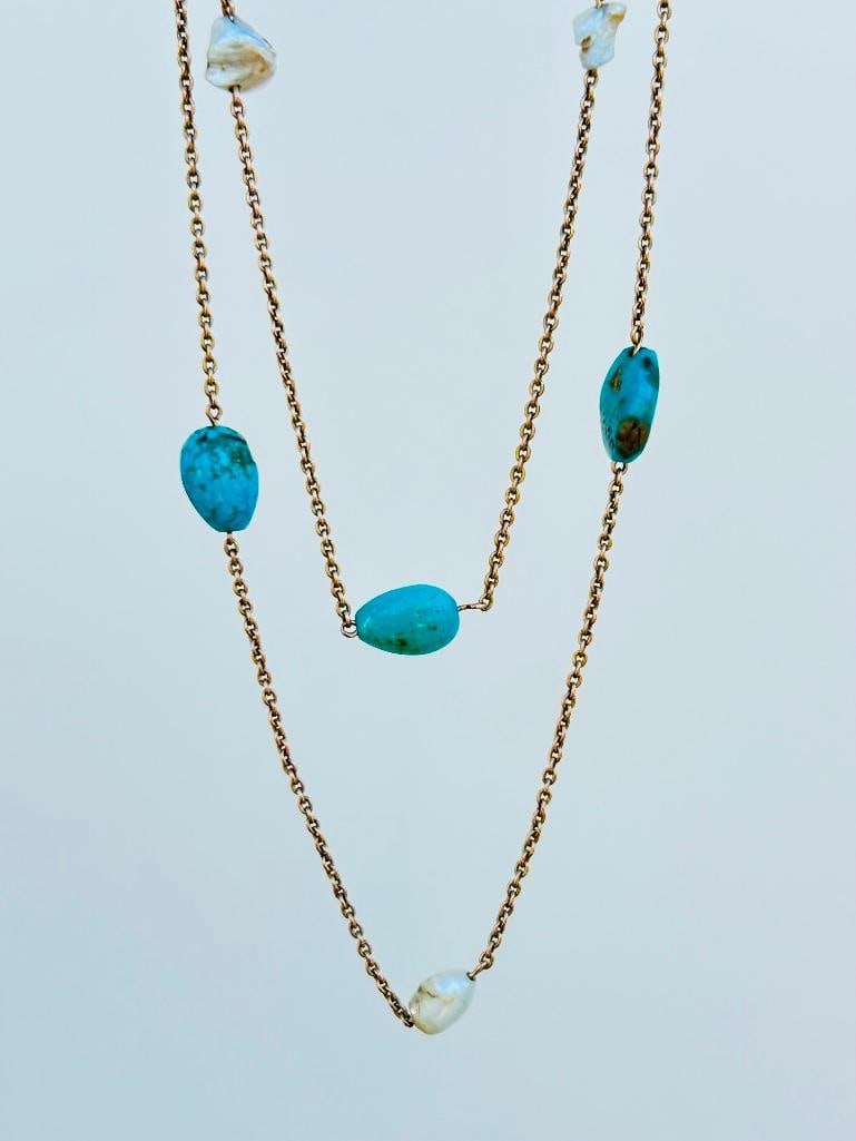 Wonderful Gold Barque Pearl and Turquoise Longguard Chain Necklace - 5