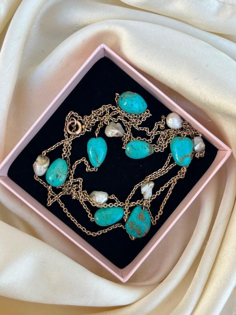 Wonderful Gold Barque Pearl and Turquoise Longguard Chain Necklace - 6