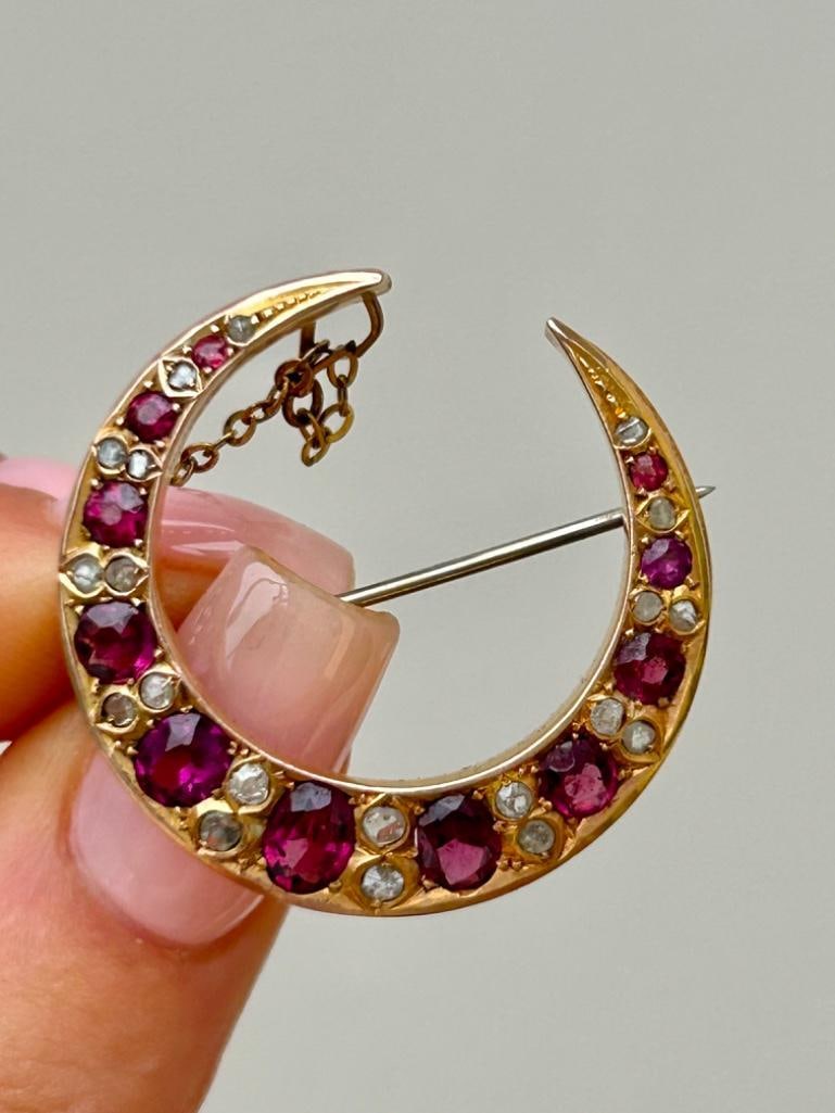 Boxed Tourmaline and Diamond Crescent Brooch in Box - 5