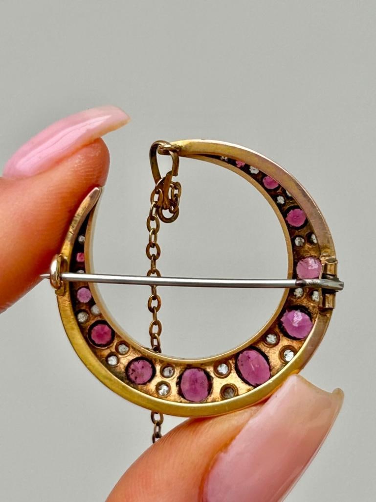 Boxed Tourmaline and Diamond Crescent Brooch in Box - 8