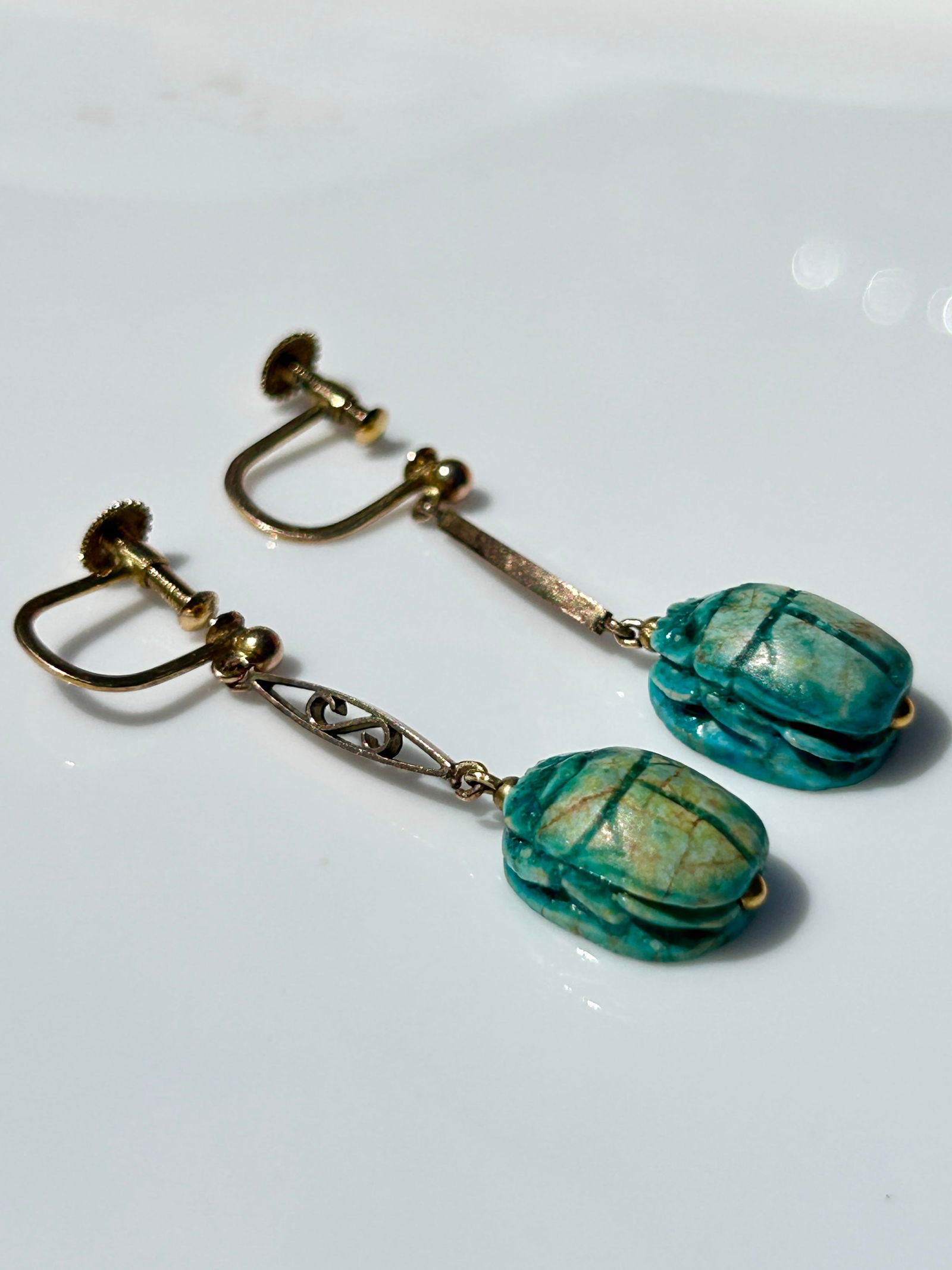 Antique 9ct Gold Carved Scarab Drop Earrings - 2