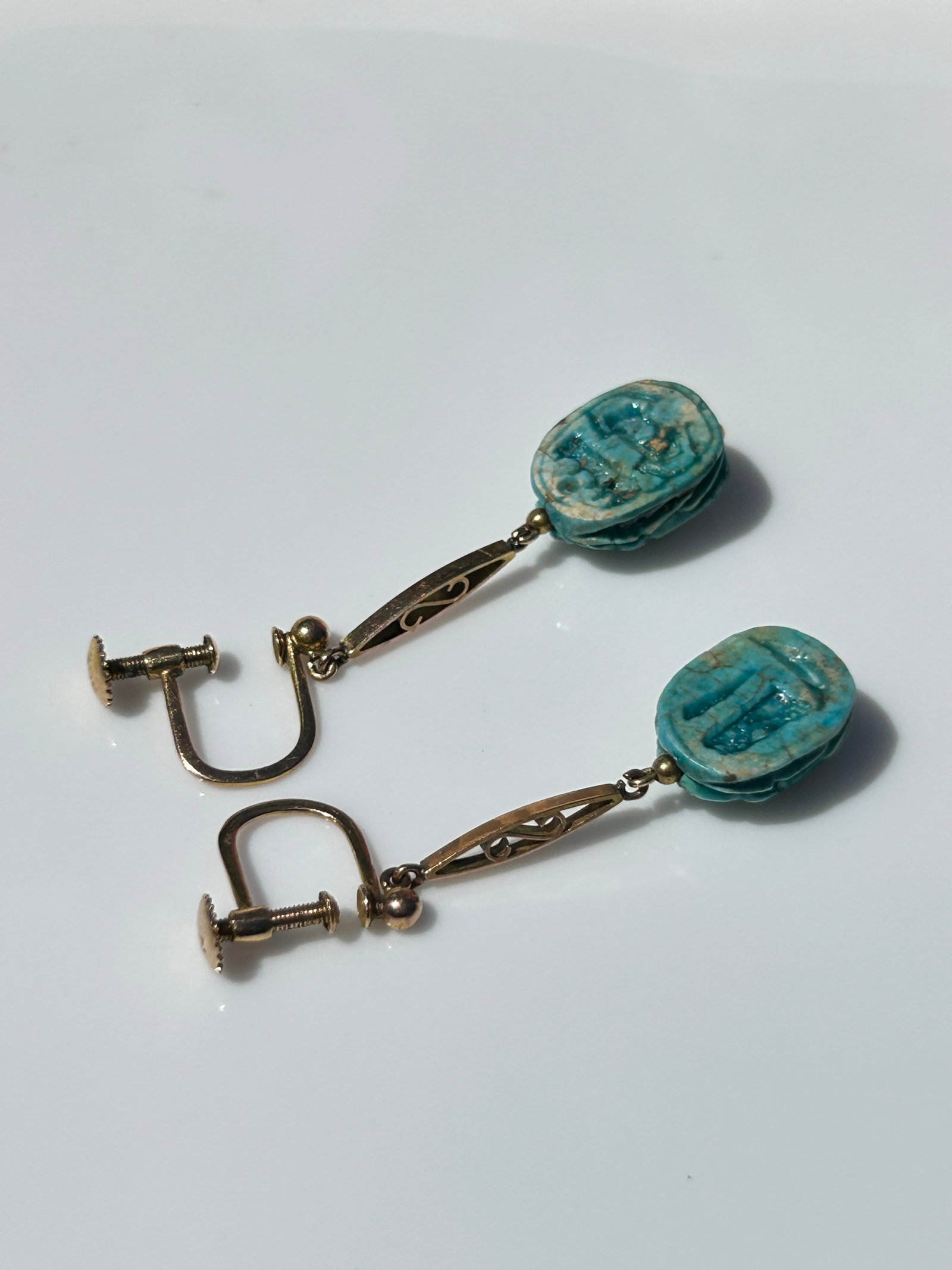 Antique 9ct Gold Carved Scarab Drop Earrings - 4