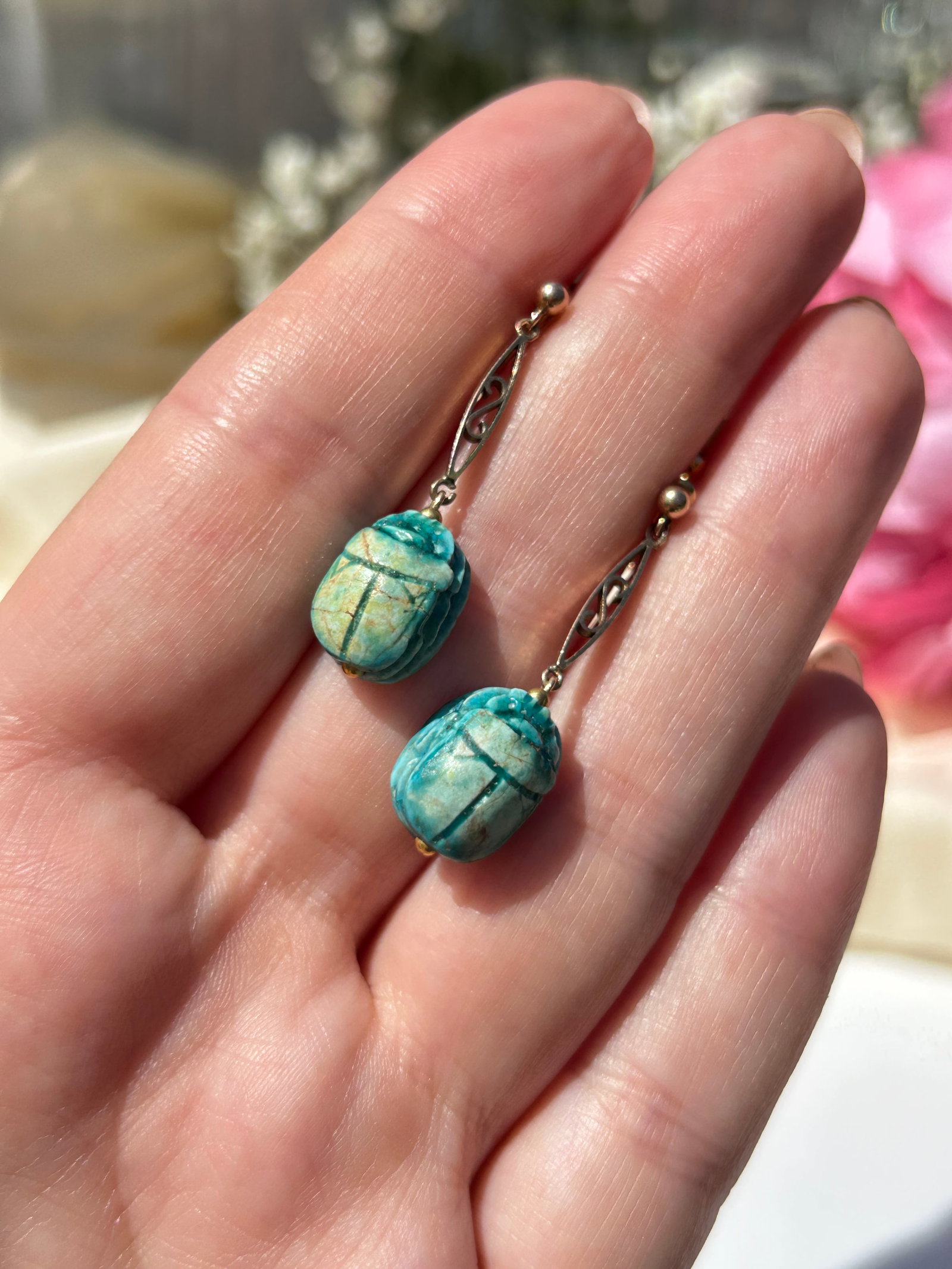 Antique 9ct Gold Carved Scarab Drop Earrings - 5