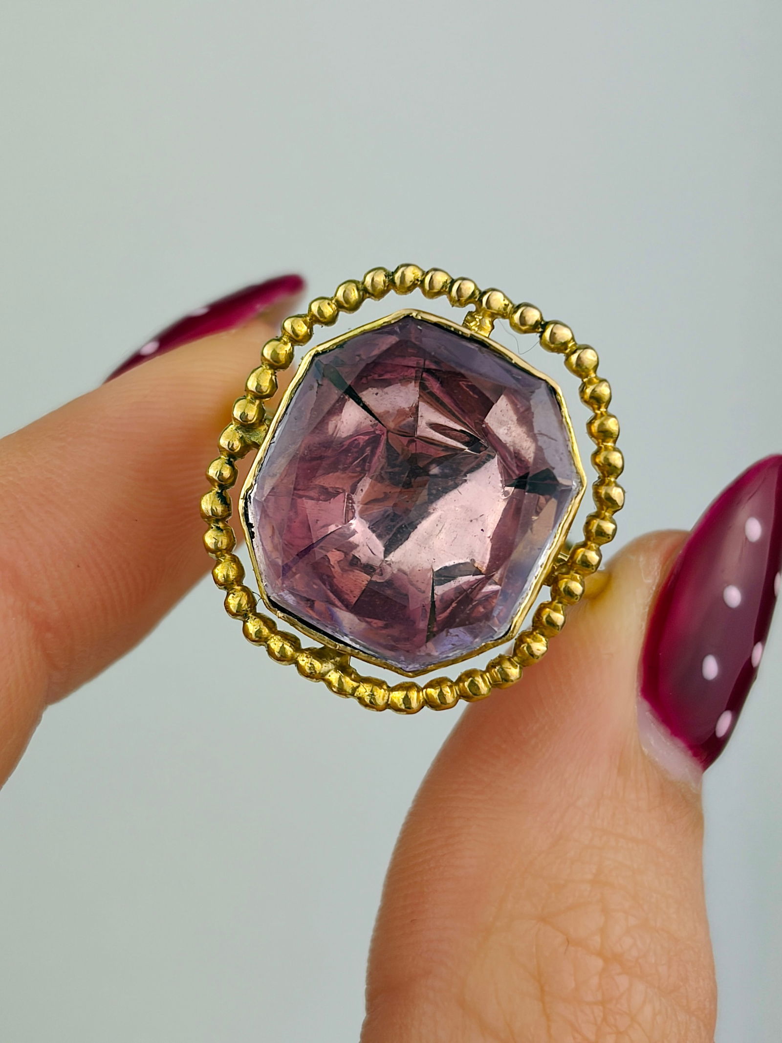 ANTIQUE 18CT GOLD FOILED BACK AMETHYST FANCY RING - 4