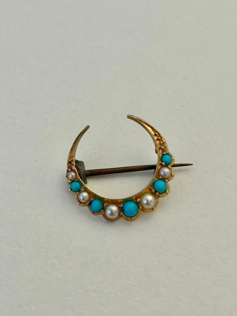 Antique 15ct Yellow Gold Pearl and Turquoise Moon Crescent Brooch - 2