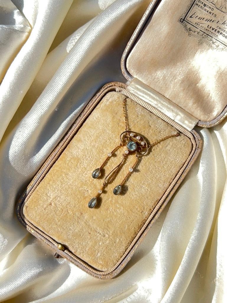 Sweet antique 9ct yellow gold aquamarine and pearl pendant necklace in antique box - 4