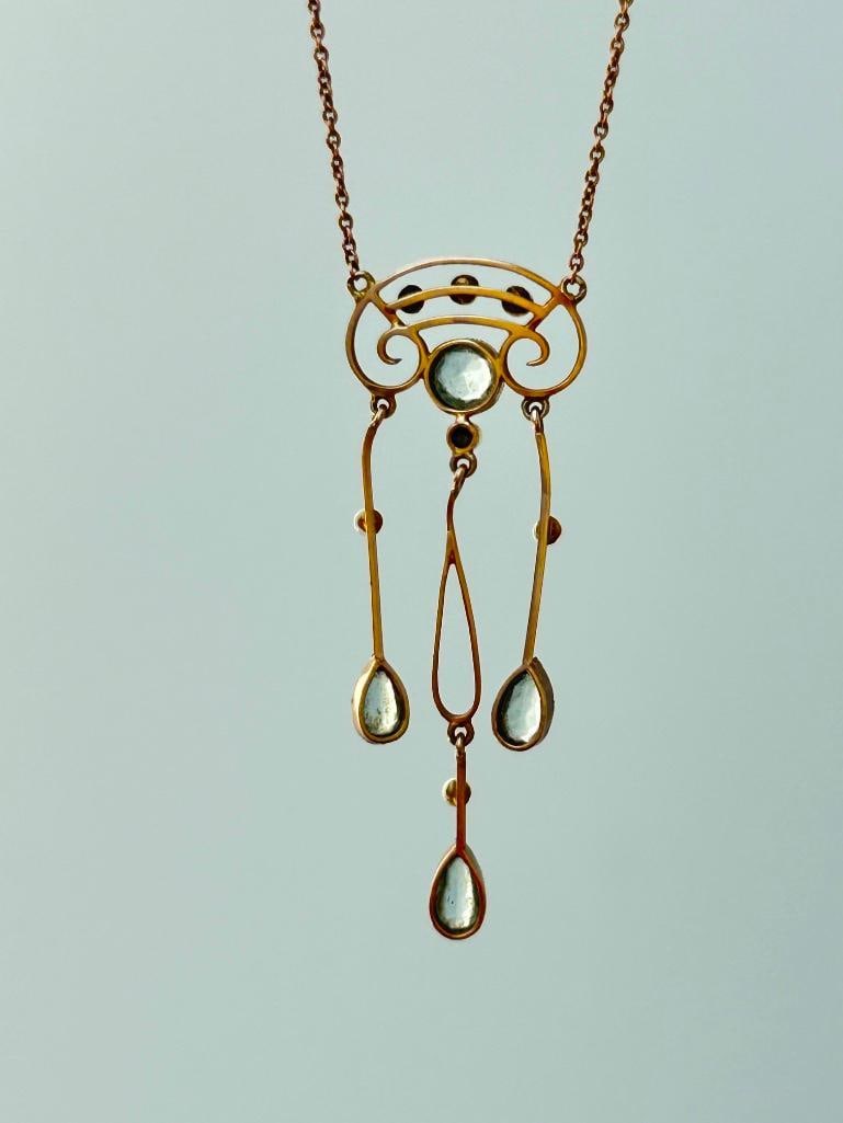 Sweet antique 9ct yellow gold aquamarine and pearl pendant necklace in antique box - 6