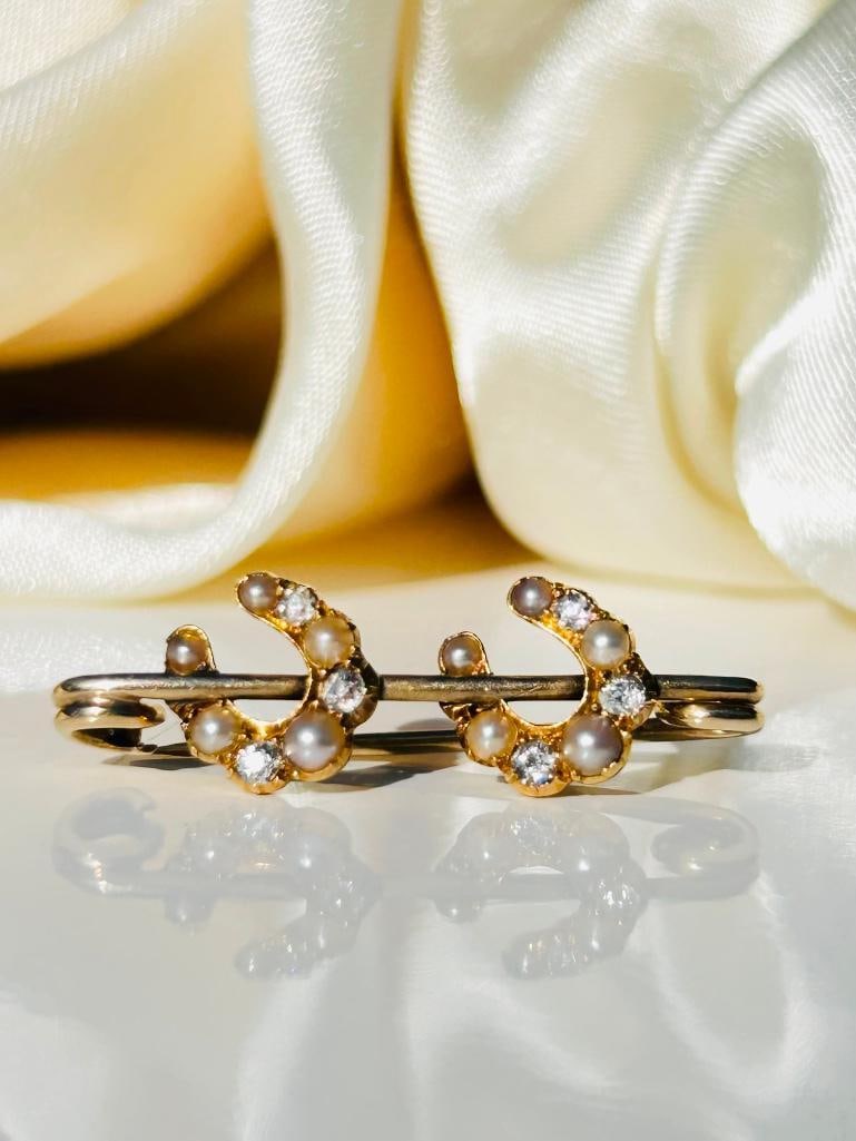 Diamond and Pearl double horseshoe safety pin brooch - 2