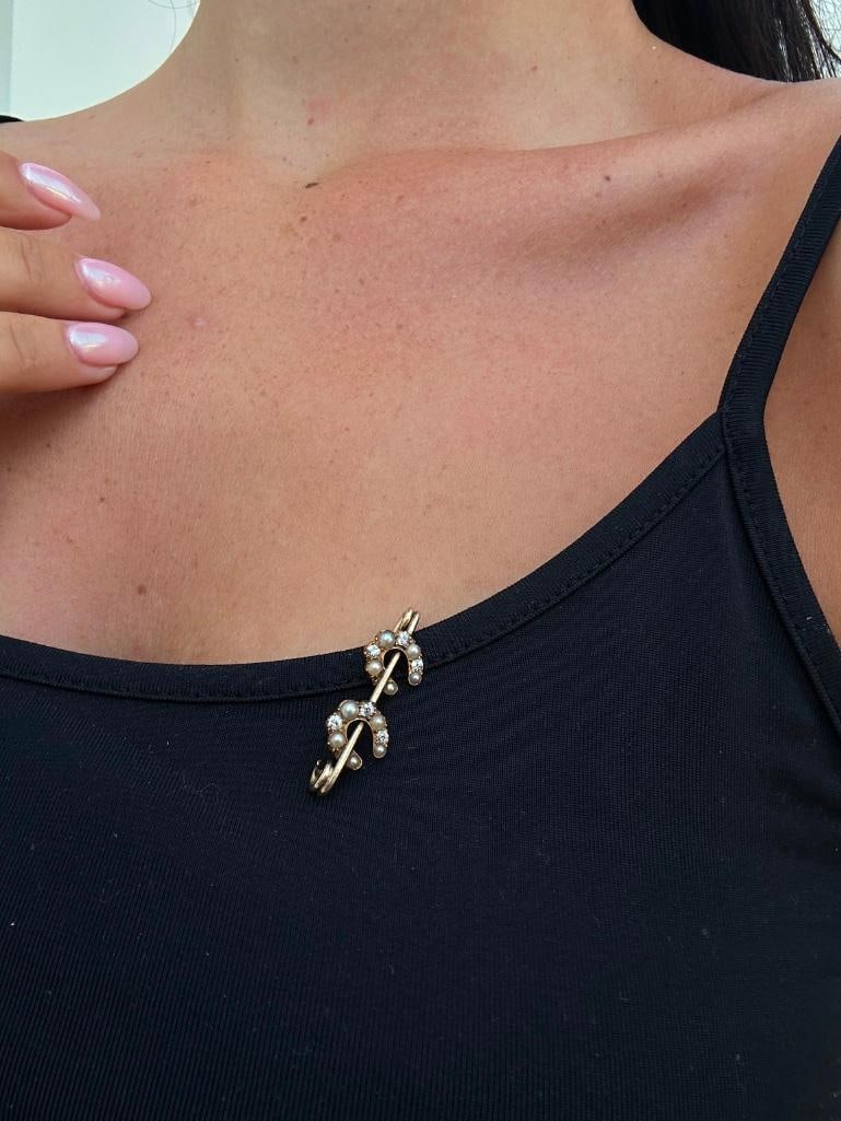 Diamond and Pearl double horseshoe safety pin brooch - 3