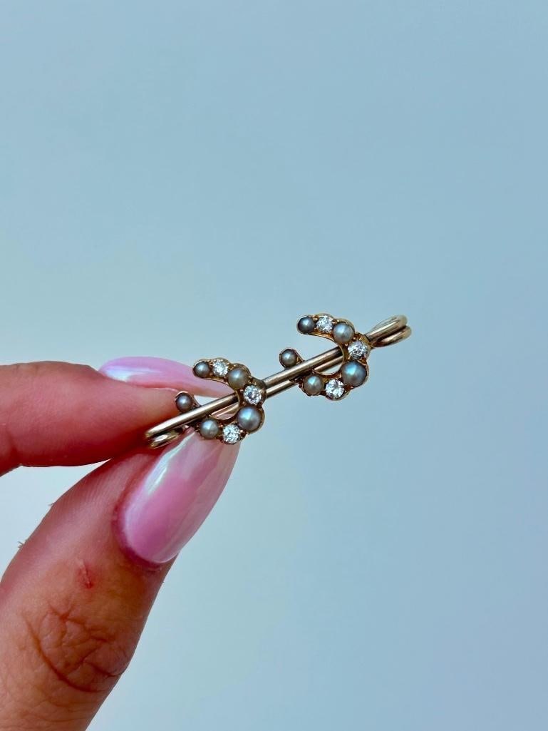 Diamond and Pearl double horseshoe safety pin brooch - 4