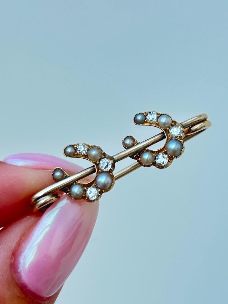 Diamond and Pearl double horseshoe safety pin brooch - 6