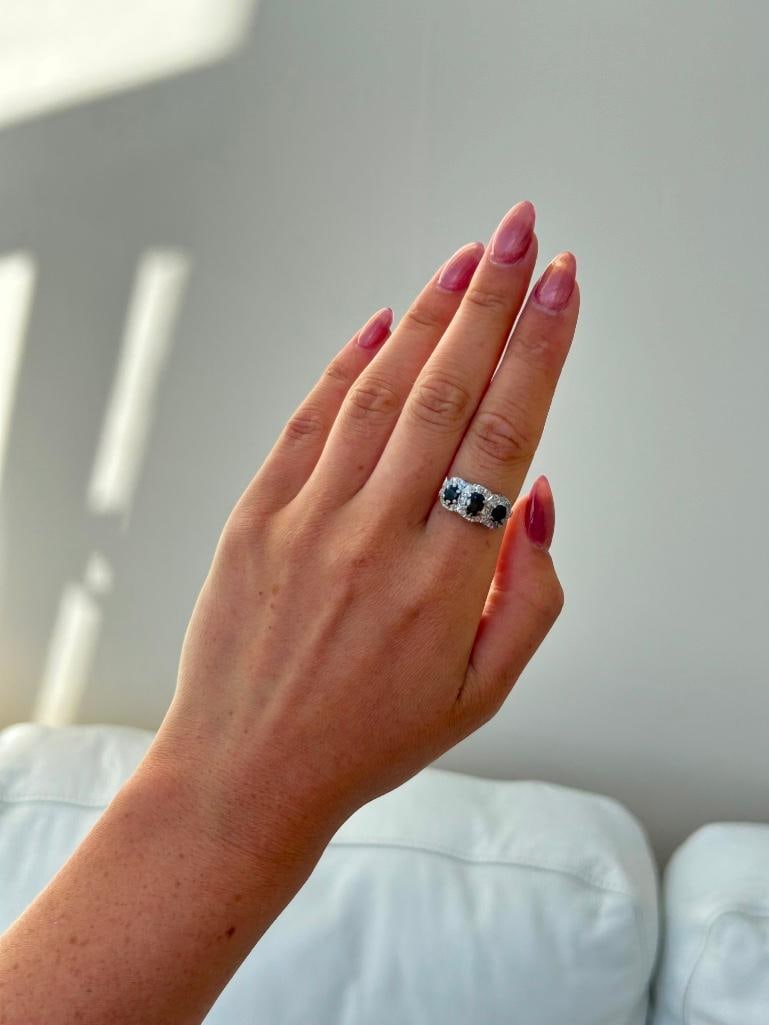 Chunky 18ct Yellow Gold Sapphire and Diamond Triple Cluster Ring - 5