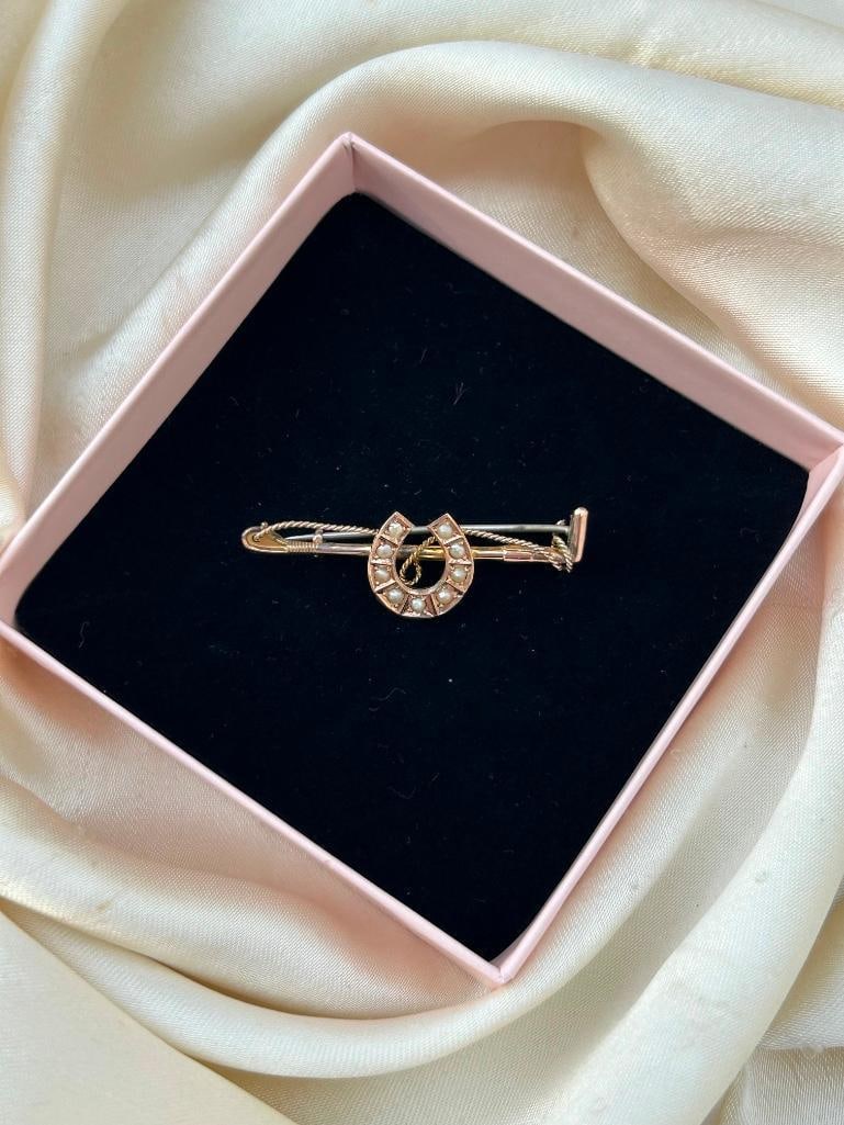 Antique Gold Pearl Horseshoe Brooch - 5