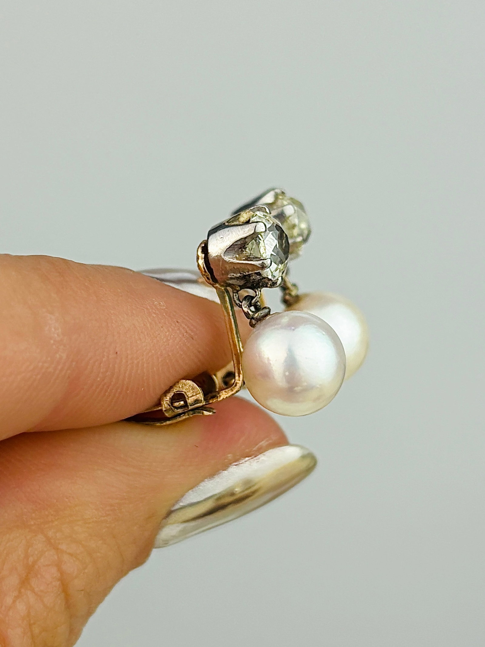 Antique 9ct Gold Old Mine Cut Diamond and Pearl Clip on Earrings - 6