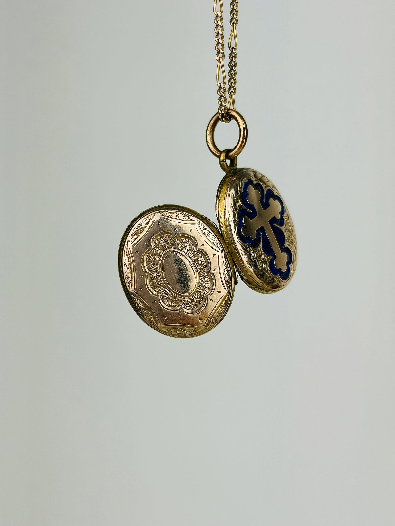 Antique Blue Enamel and Gold Cross Opening Locket Pendant - 3