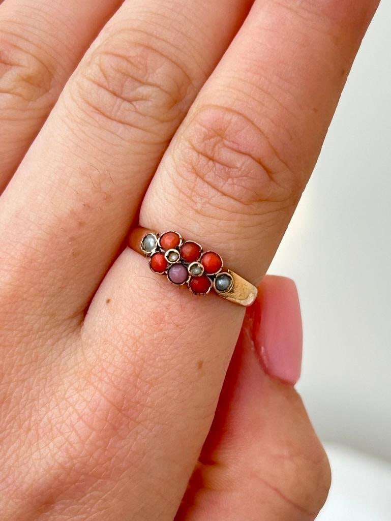 Sweet Antique Coral and Pearl Ring in Gold - 2