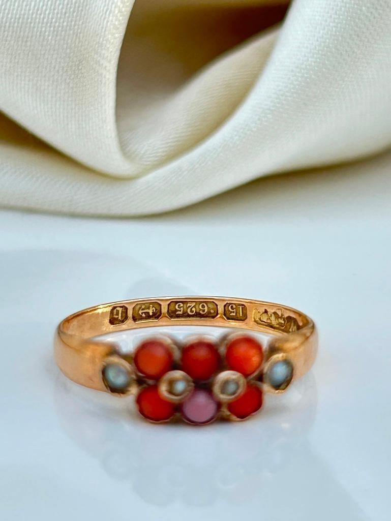 Sweet Antique Coral and Pearl Ring in Gold - 5