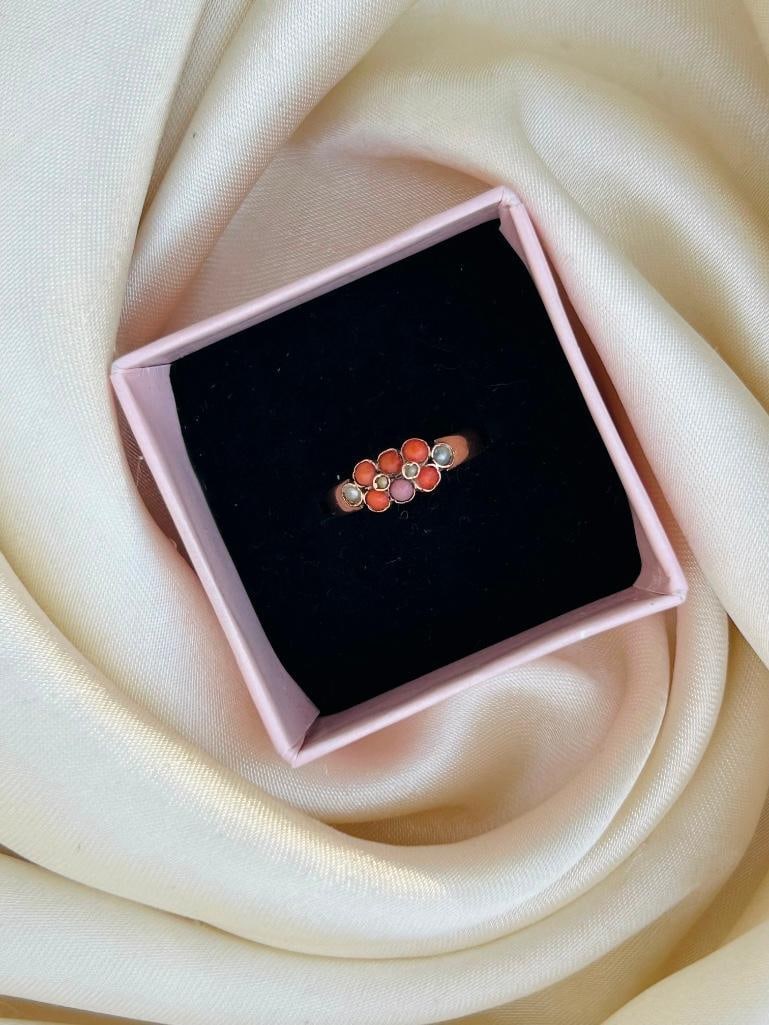 Sweet Antique Coral and Pearl Ring in Gold - 7