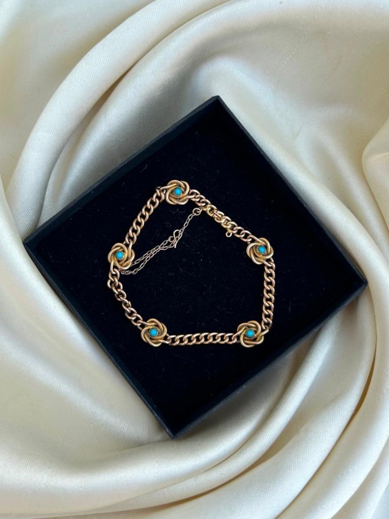 Antique 15ct Yellow Gold Turquoise Bracelet with Hidden Clasp - 6