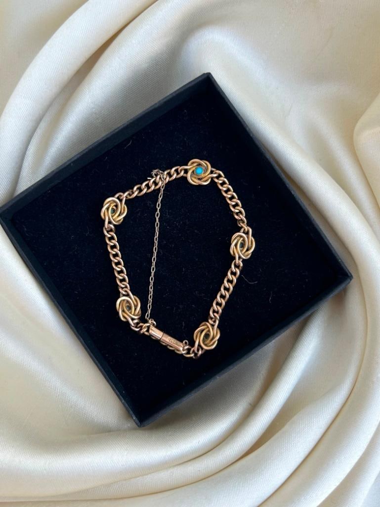 Antique 15ct Yellow Gold Turquoise Bracelet with Hidden Clasp - 7