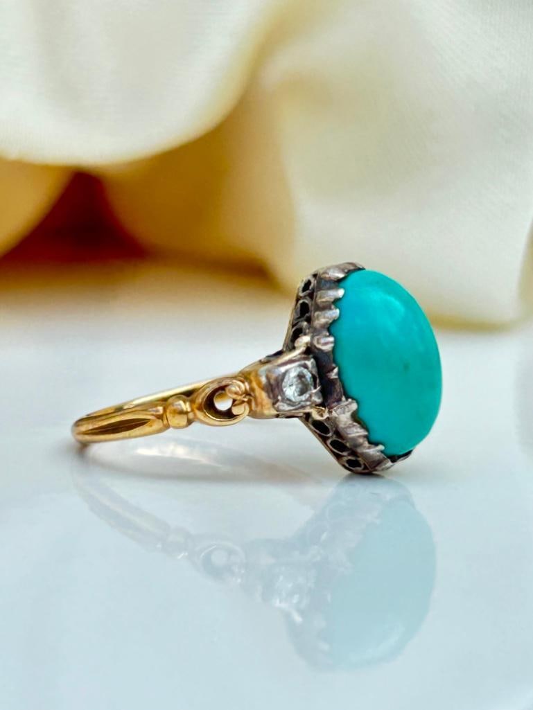 18ct Yellow Gold Turquoise and Diamond Navette Ring - 2