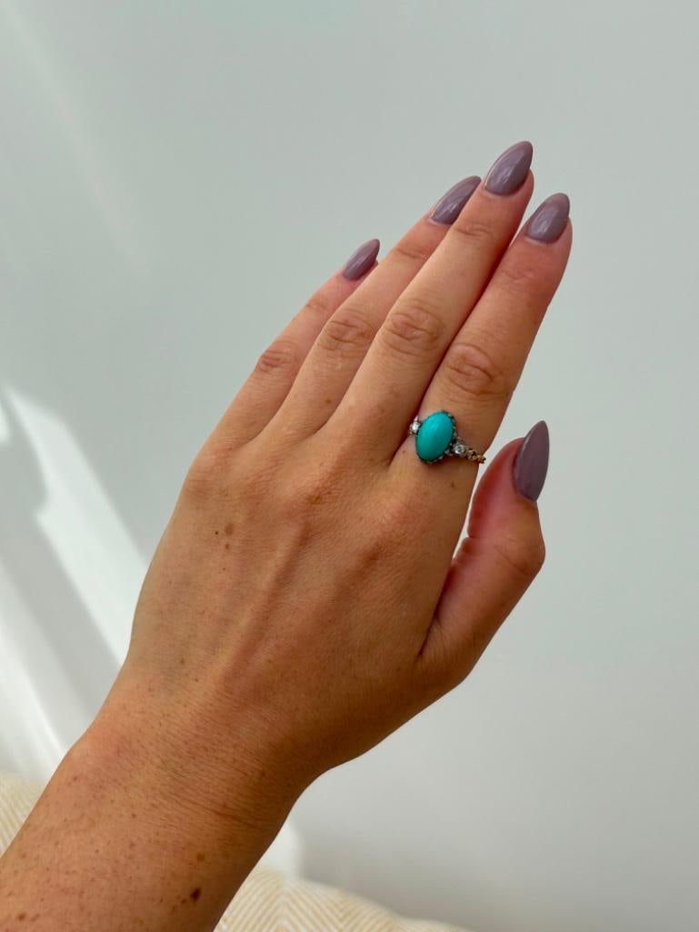 18ct Yellow Gold Turquoise and Diamond Navette Ring - 4