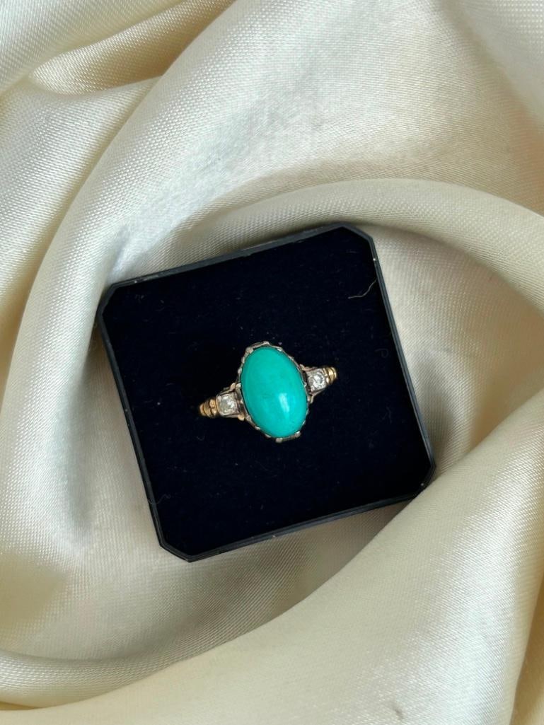 18ct Yellow Gold Turquoise and Diamond Navette Ring - 5