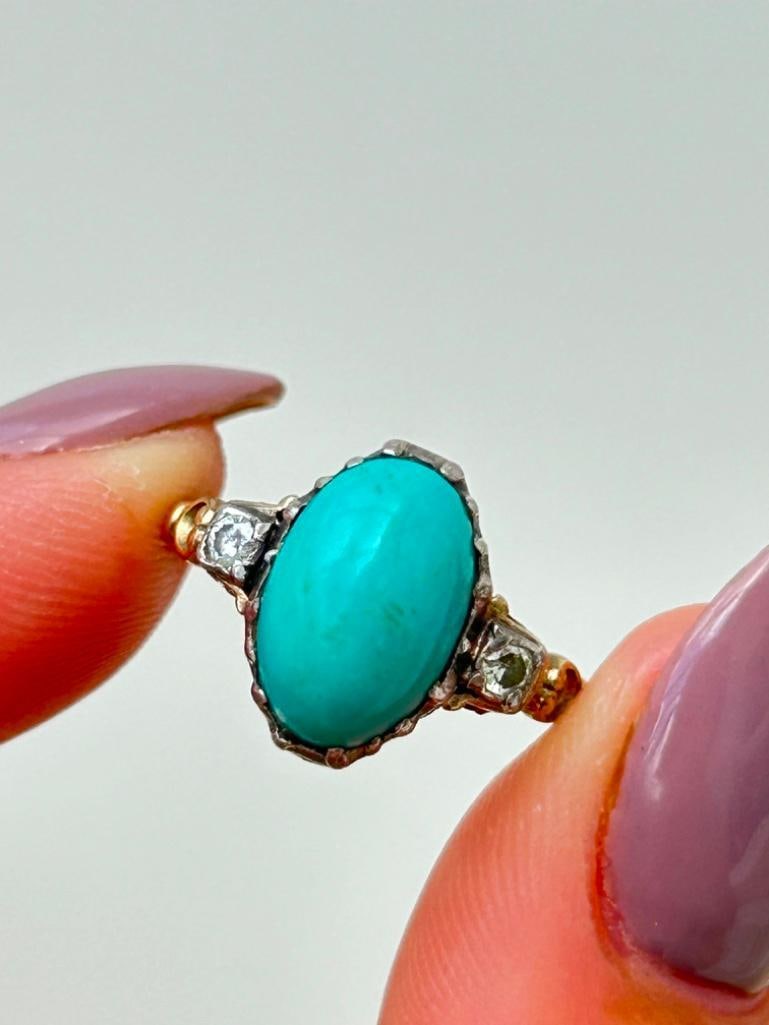 18ct Yellow Gold Turquoise and Diamond Navette Ring - 6