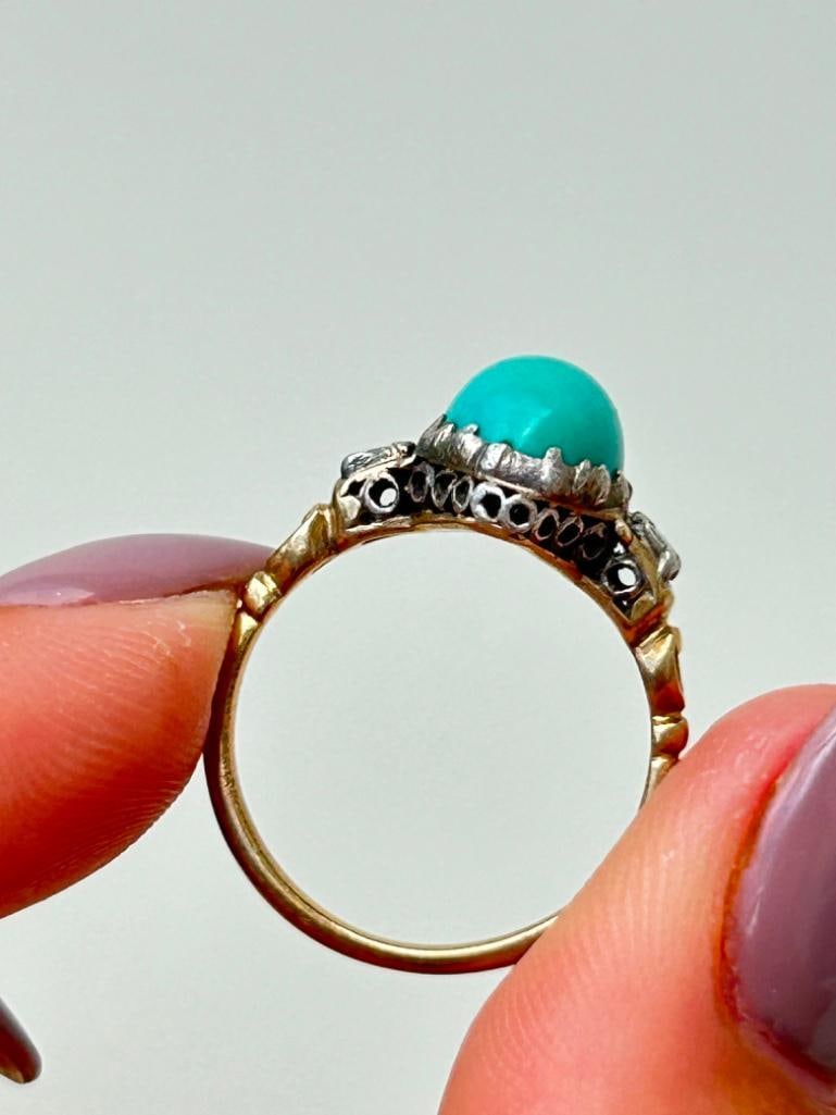18ct Yellow Gold Turquoise and Diamond Navette Ring - 7