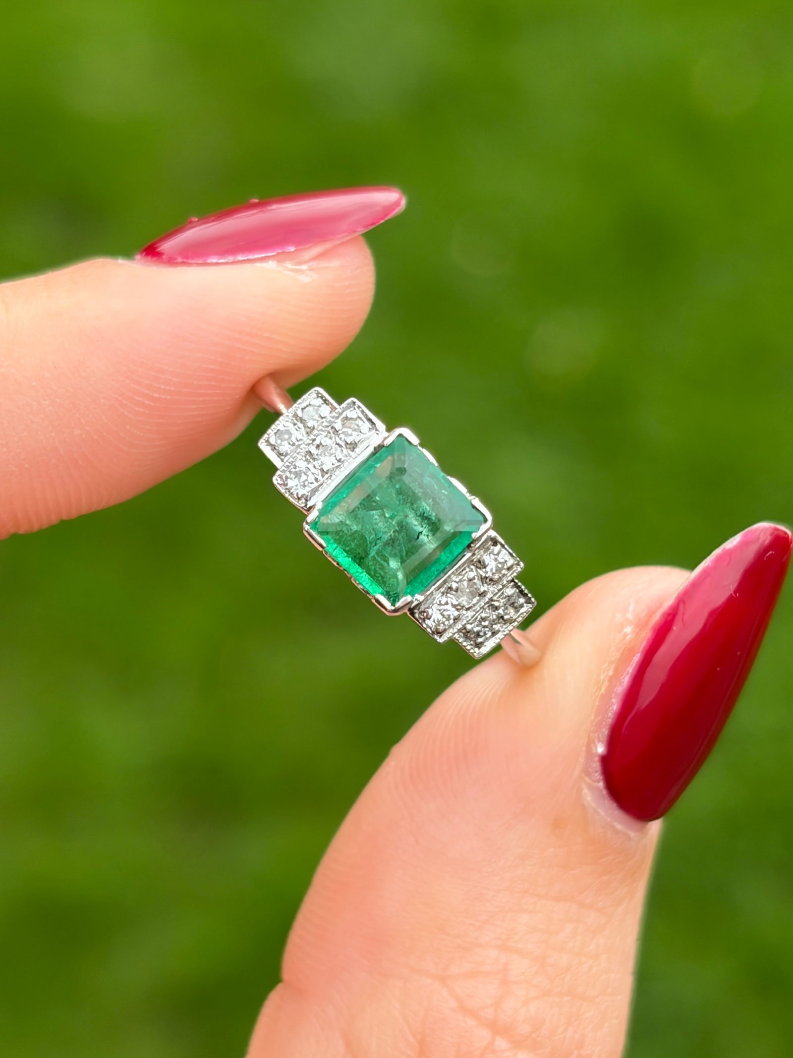 Vintage Platinum Emerald and Diamond Shoulder Ring - 10