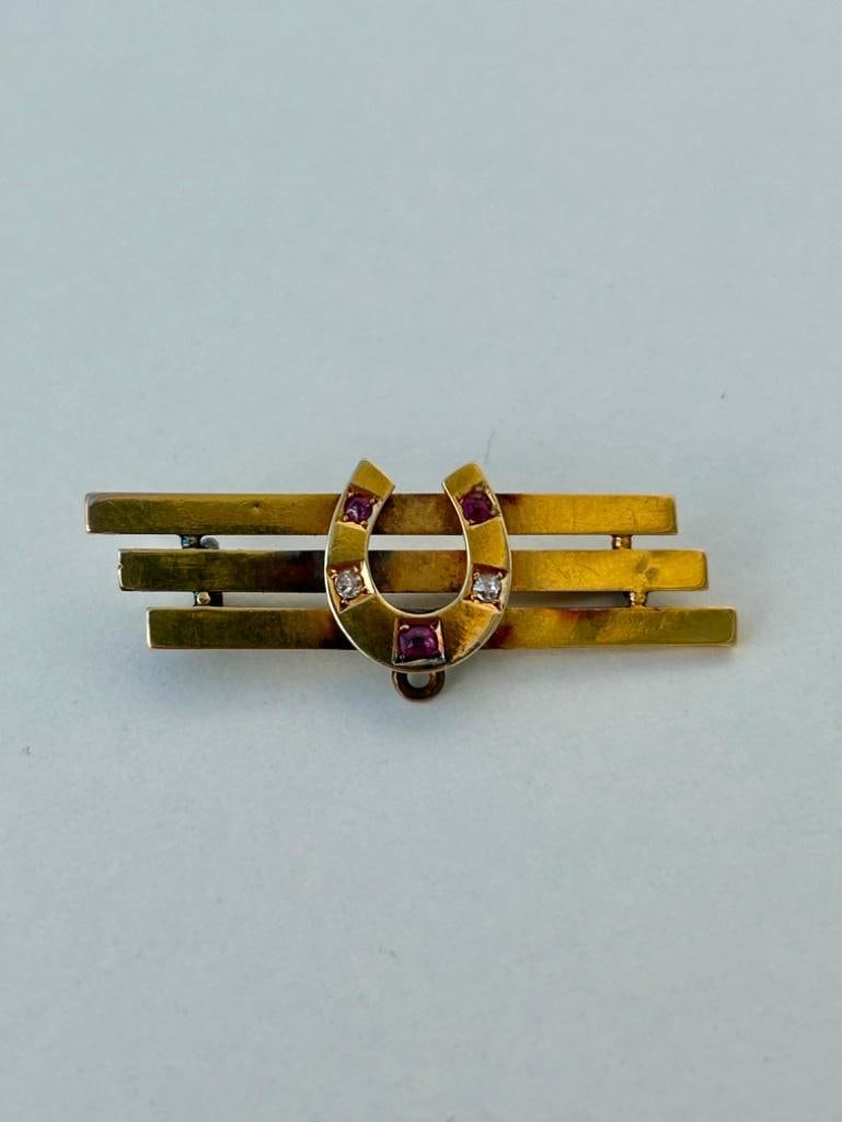 Antique 15ct Yellow Gold Ruby and Diamond Horse Shoe Brooch - 2