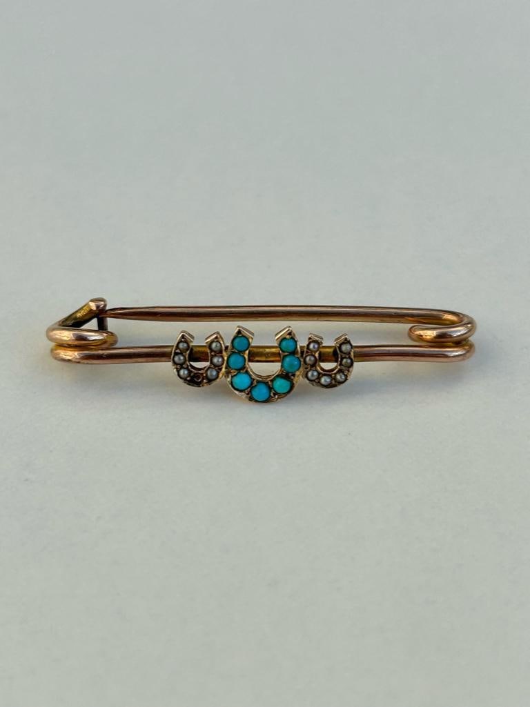 Antique Turquoise and Pearl Gold Safety Pin Triple Horseshoe (1 of 5)