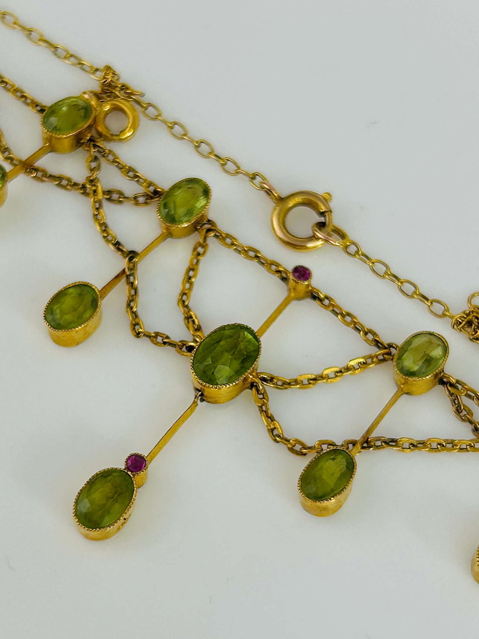 Wonderful Antique Peridot and Ruby 9ct Gold Drop Necklace with Safety Chain - 5