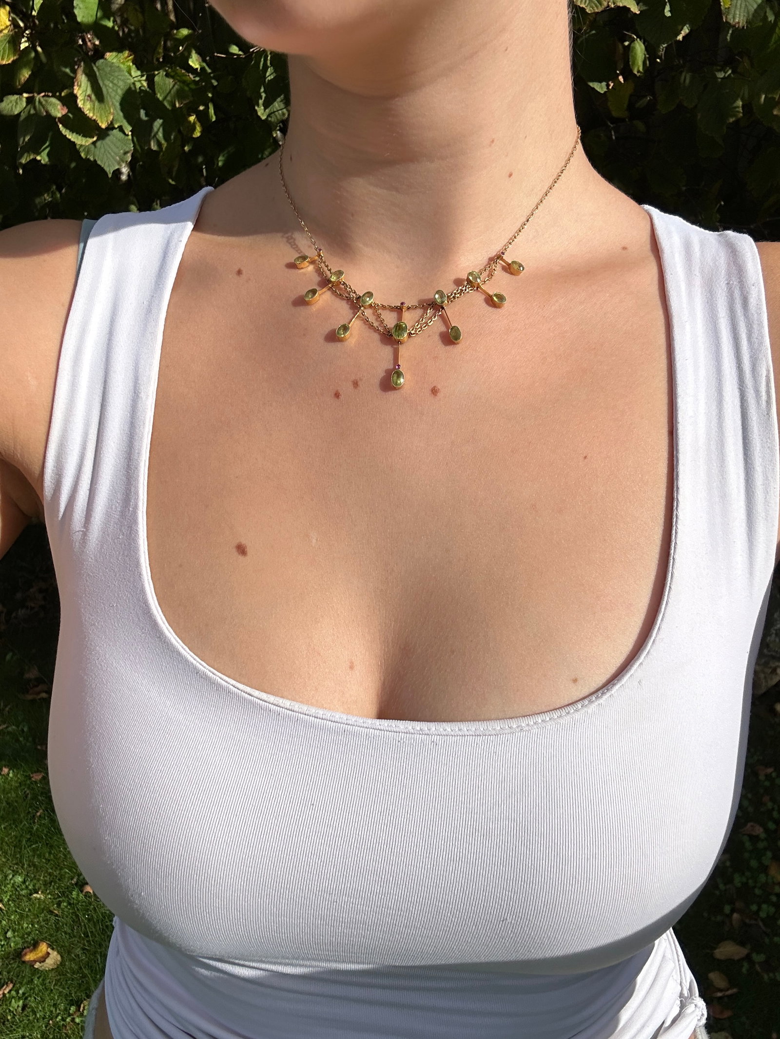 Wonderful Antique Peridot and Ruby 9ct Gold Drop Necklace with Safety Chain - 8