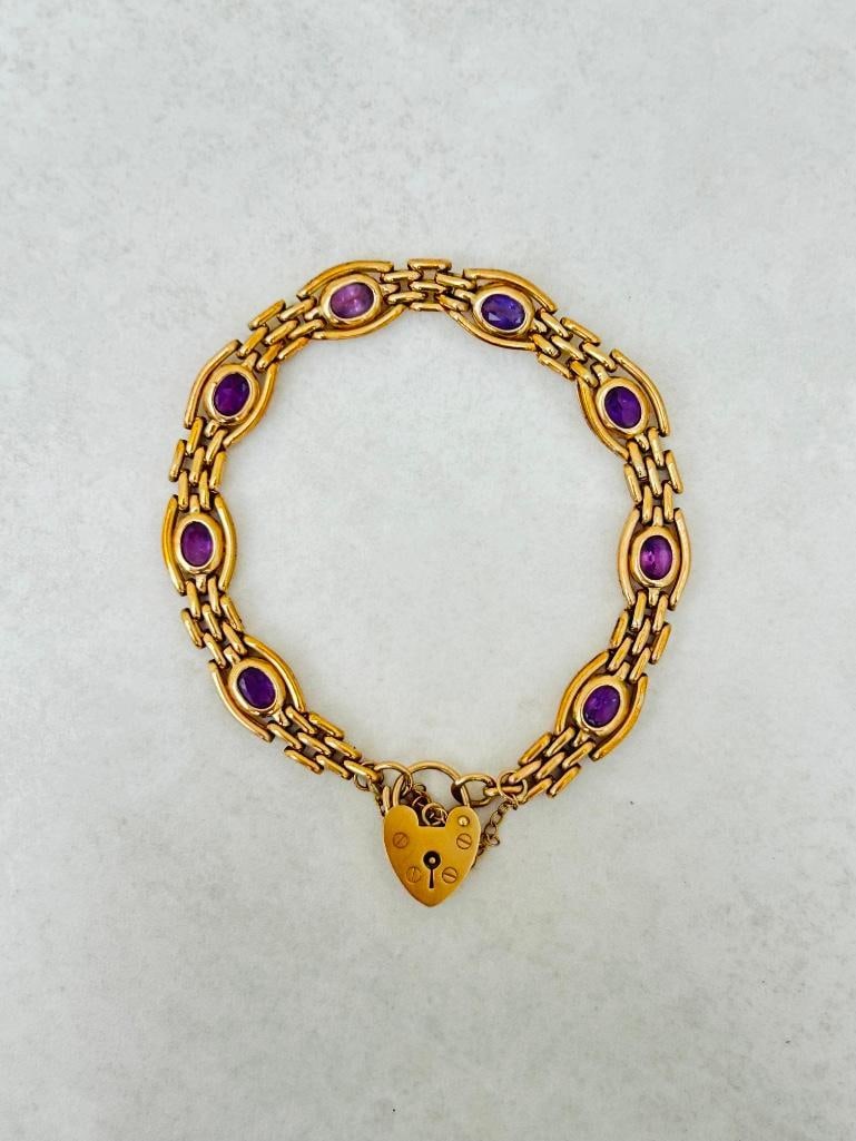 chunky antique amethyst and 9ct gold fancy link gate bracelet with heart padlock - 2