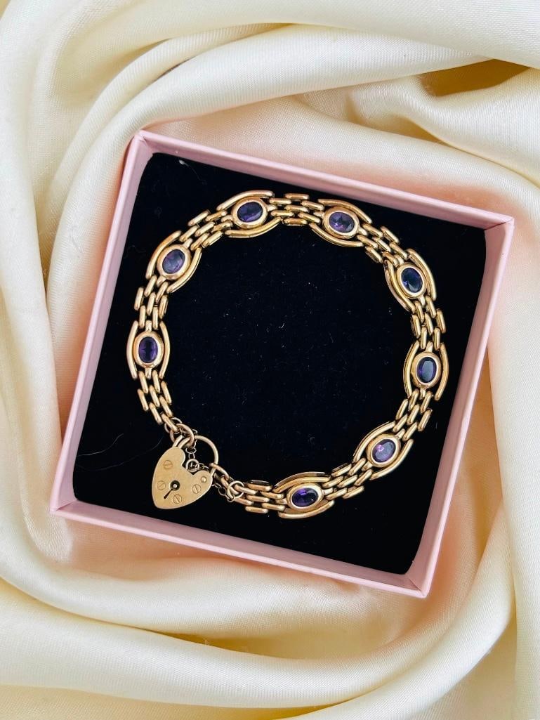 chunky antique amethyst and 9ct gold fancy link gate bracelet with heart padlock - 7