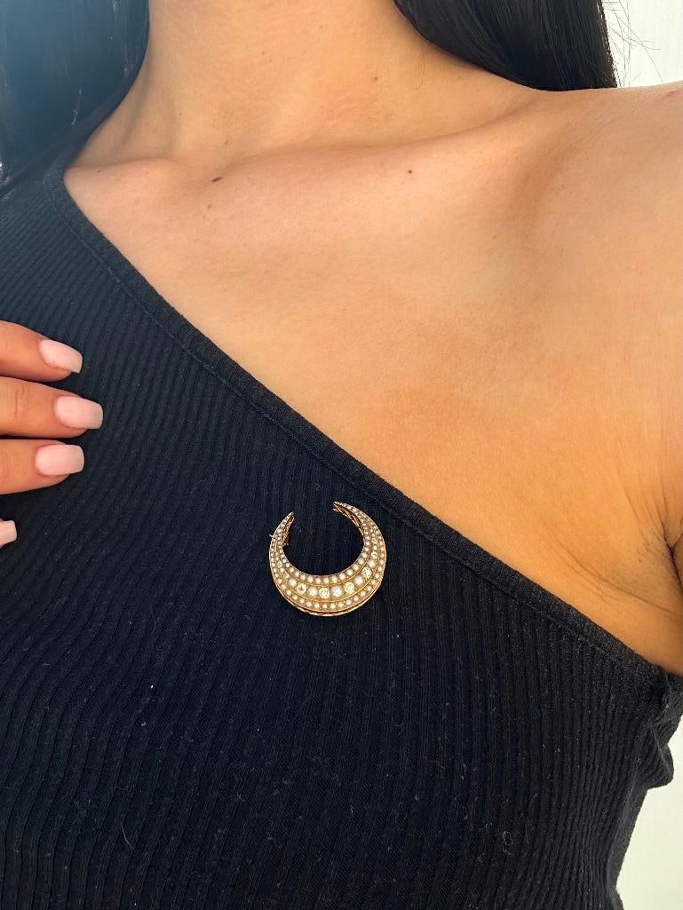 Antique Large Triple Row Diamond & Pearl Gold Crescent Brooch - 2