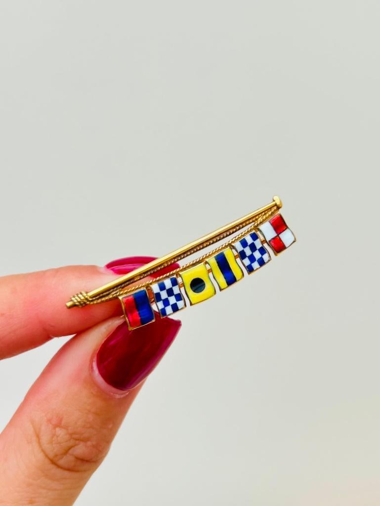 Antique 9ct Gold Enamel Flags Brooch - 6