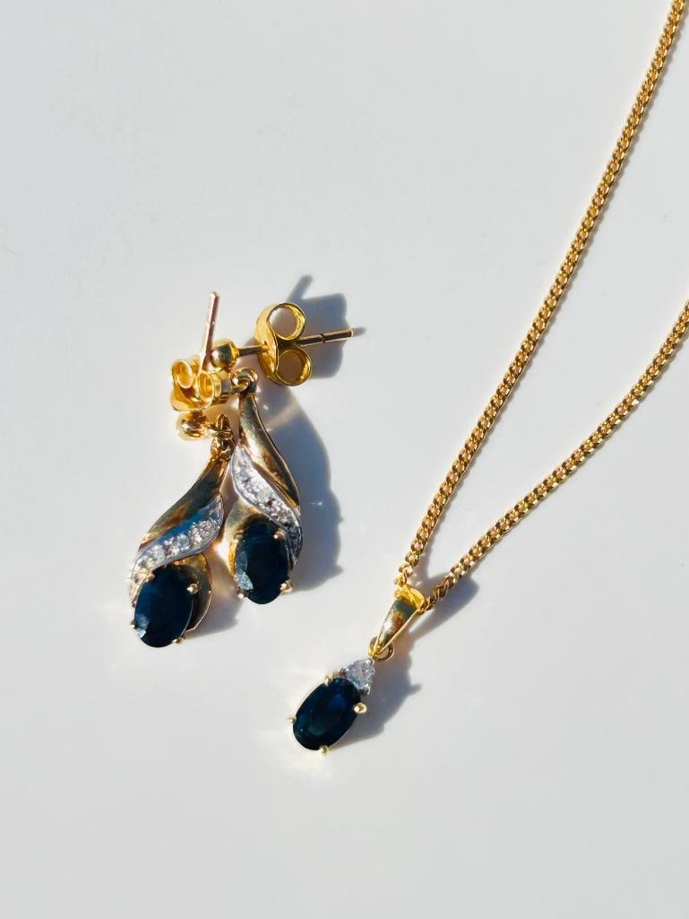 Sweet 9ct Gold Sapphire and Diamond Earrings and Pendant Set - 2
