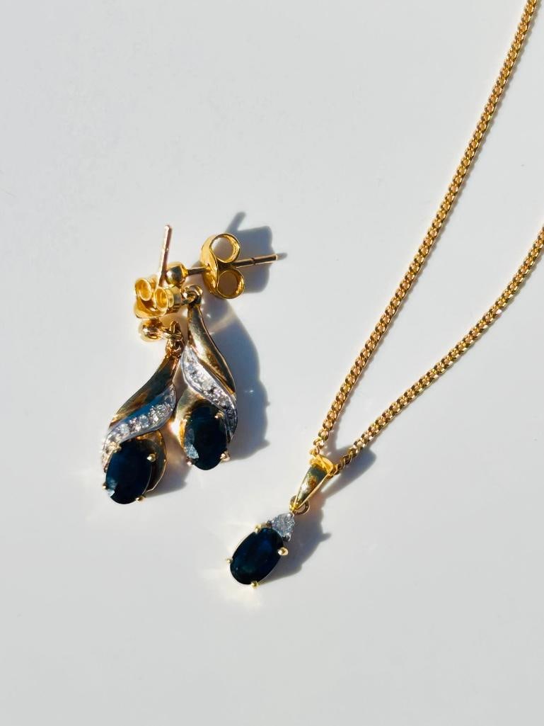Sweet 9ct Gold Sapphire and Diamond Earrings and Pendant Set - 3