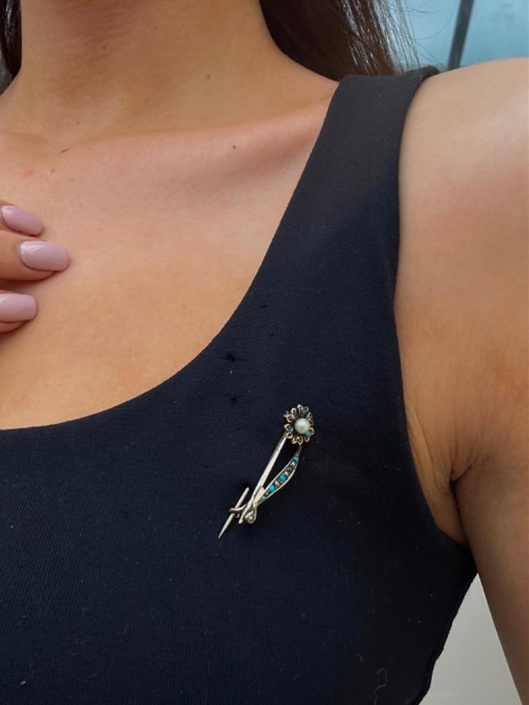 Antique Yellow Gold Turquoise and Pearl Flower Brooch - 2