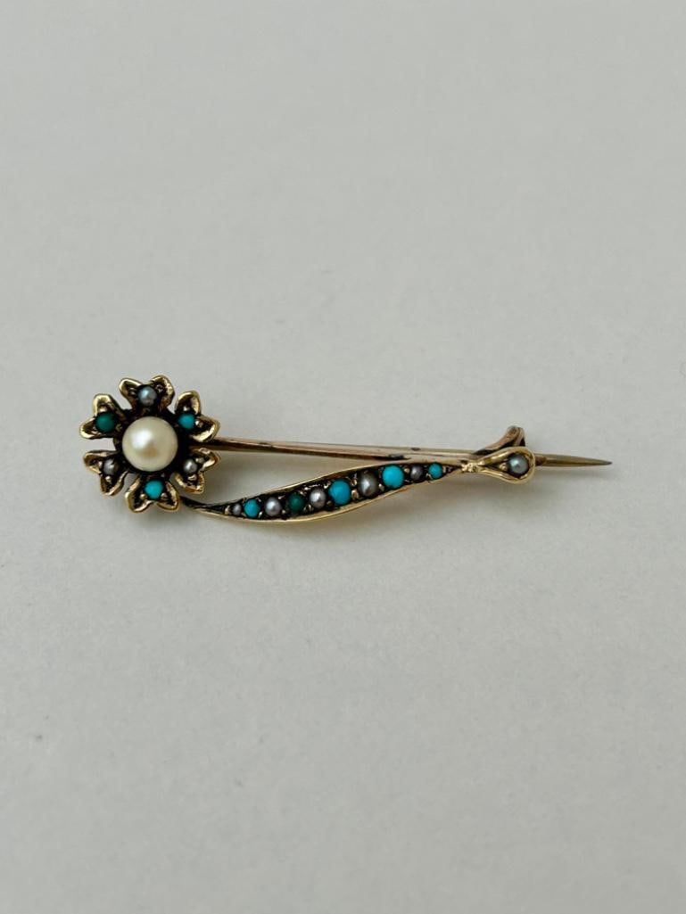 Antique Yellow Gold Turquoise and Pearl Flower Brooch - 3