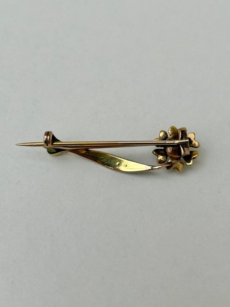 Antique Yellow Gold Turquoise and Pearl Flower Brooch - 4
