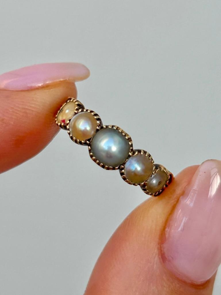 Georgian Era c.1850 Pearl Half Hoop Ring in Gold: Georgian Era c.1850 Pearl Half Hoop Ring in Gold 5 charming pearls with sweet detailed shoulders measurements size UK M1/2 US 61/2 head of ring 17mm x 5mm weight 2.49g