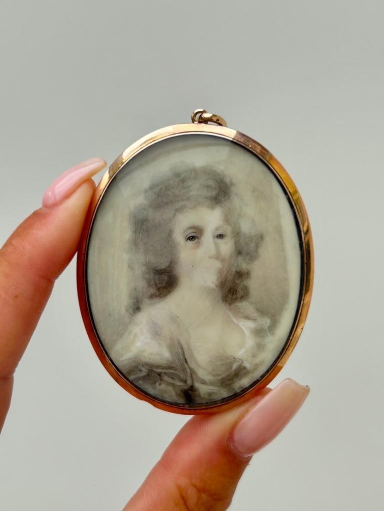 Large Bristol Blue Glass Painted Portrait Pendant - 2