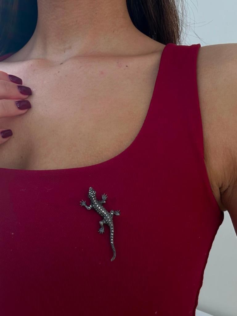 Marcasite Lizard Brooch with Green Paste Eyes in Silver - 2