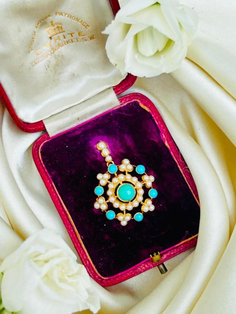 Antique 18ct Yellow Gold Pearl and Turquoise Flower Pendant in Original Box - 2