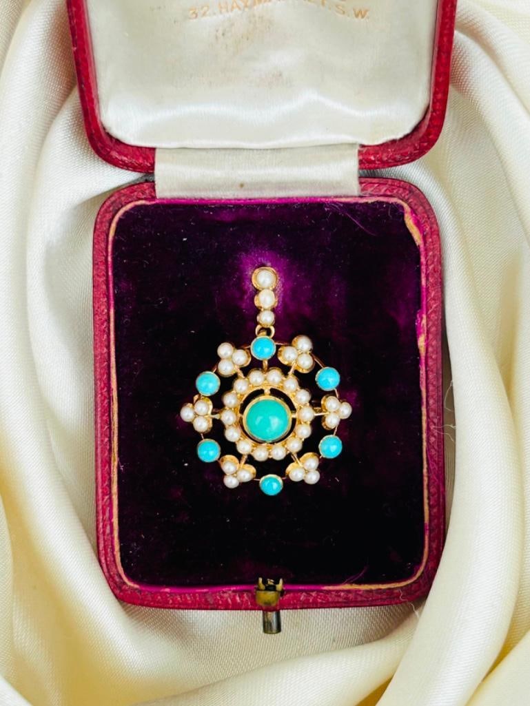 Antique 18ct Yellow Gold Pearl and Turquoise Flower Pendant in Original Box - 7